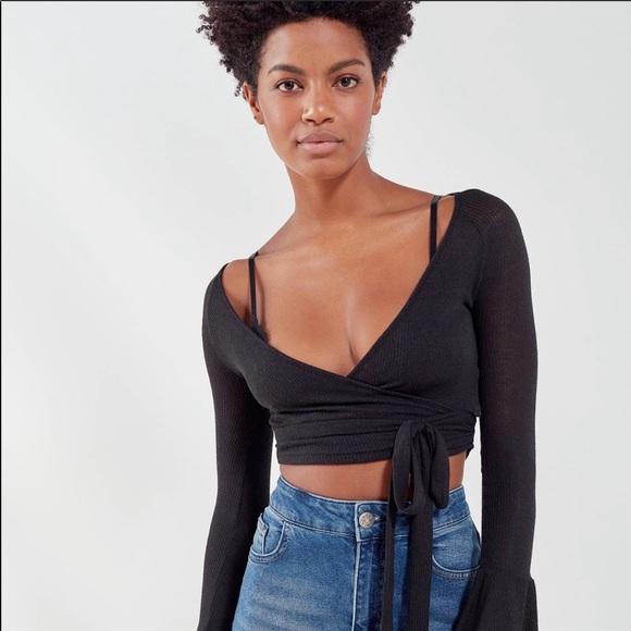 Urban Outfitters | Tops | Black Ribbed Long Sleeve Wrap Crop Top Xs Nwot |  Poshmark